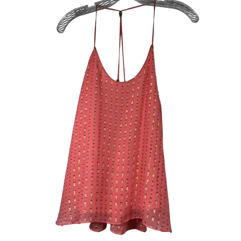 Lilly Pulitzer Sz XS Top Silk Pucker Pink Coral MetallicGold Maisy Camisole Tank
